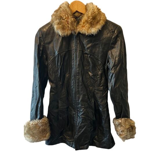 DANIER 100% Leather Faux Fur Trim Zip Up Lightweight Jacket 4-6 - Picture 1 of 9